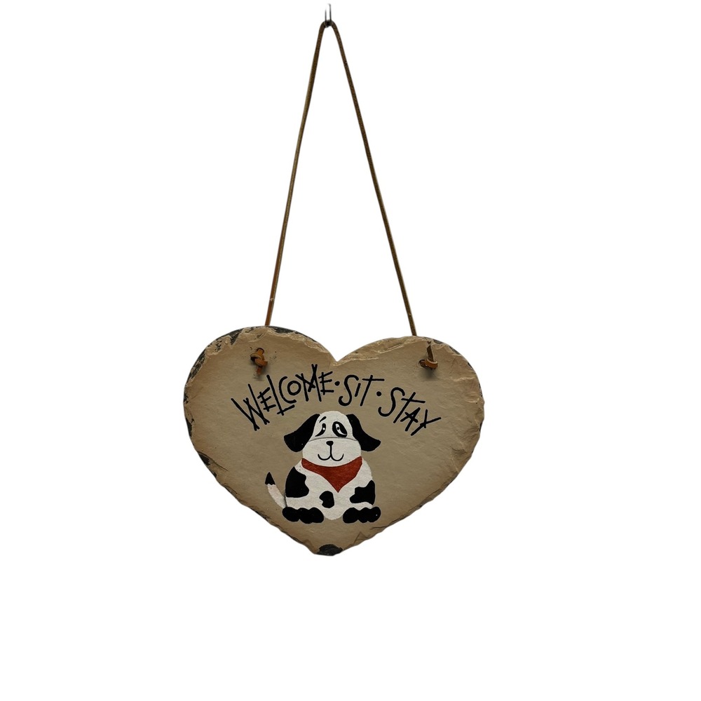 Heart Shaped Dog‎ Welcome Sit Stay Slate Hanging Sign Wall Decor Pet Lover